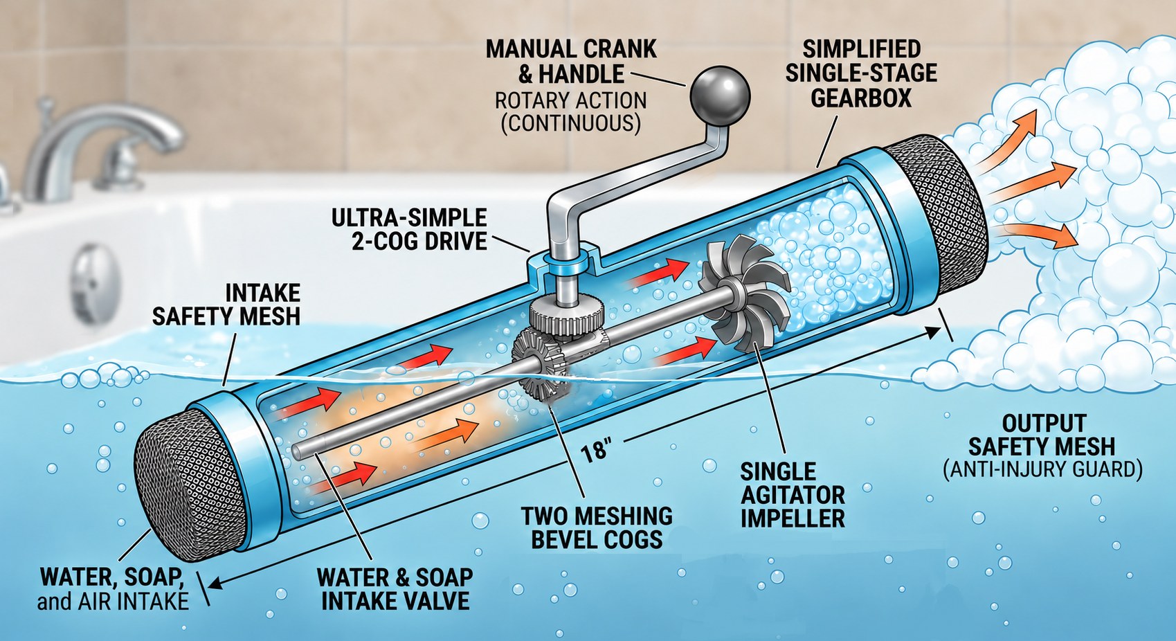 BATHBUDDY annotated concept render — transparent tube body with crank handle, bevel gearset and impeller producing foam