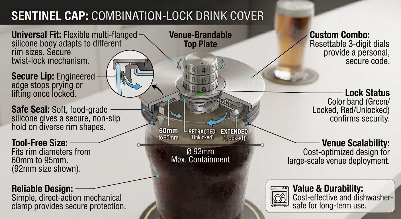 SENTINEL CAP annotated concept render — combination-lock drink cover on a pint glass