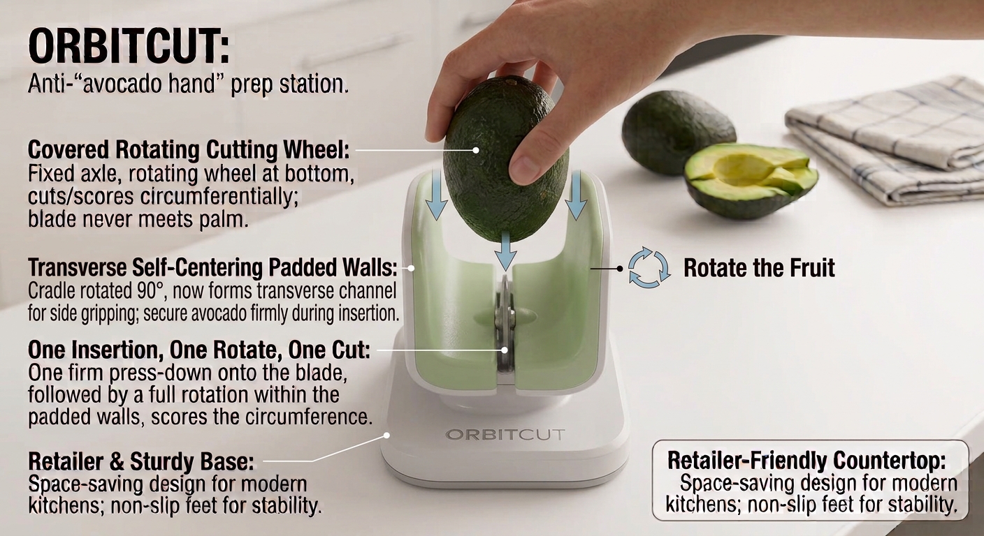 ORBITCUT annotated concept render — avocado pressed into self-centring cradle over guarded rotary cutting wheel