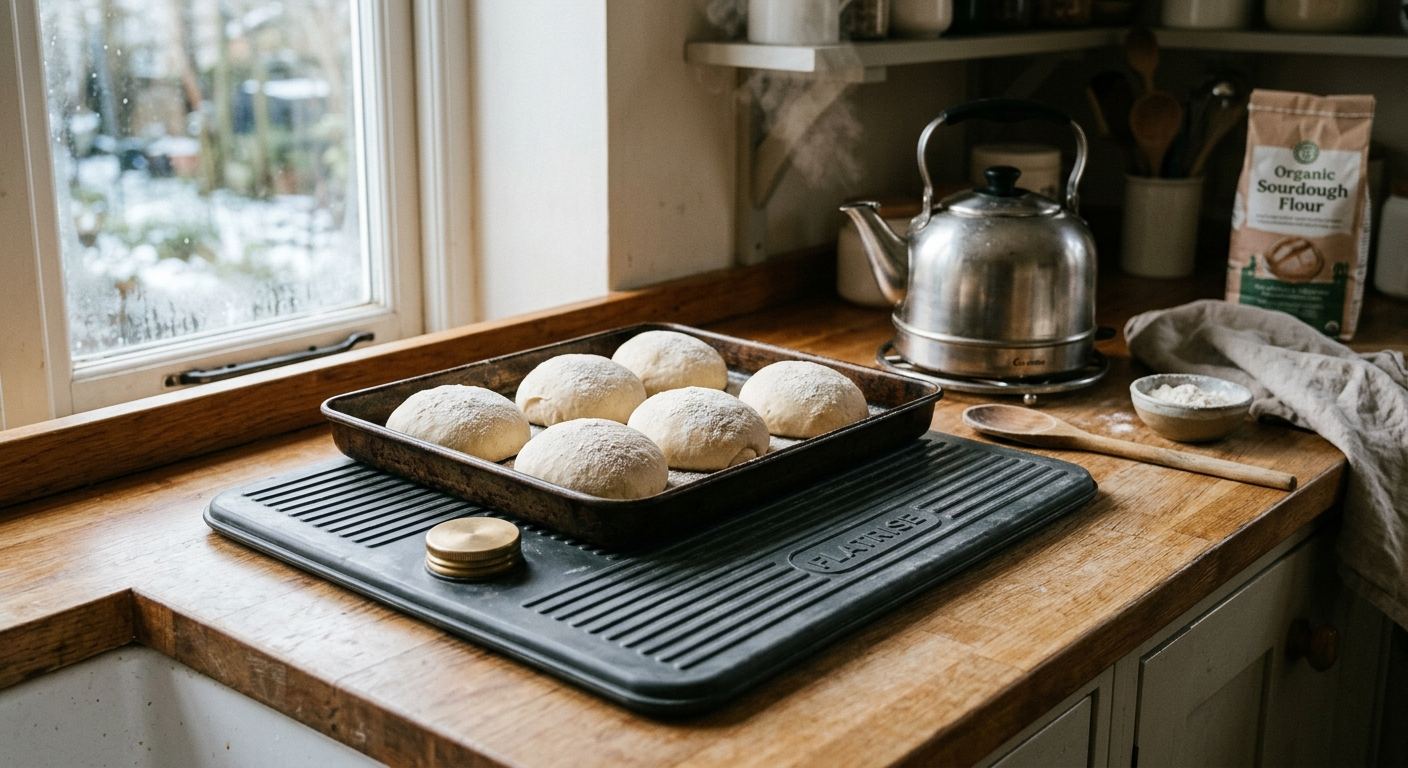 FLATRISE concept render — flat ribbed proofing pad under a tray of dough balls beside a kettle