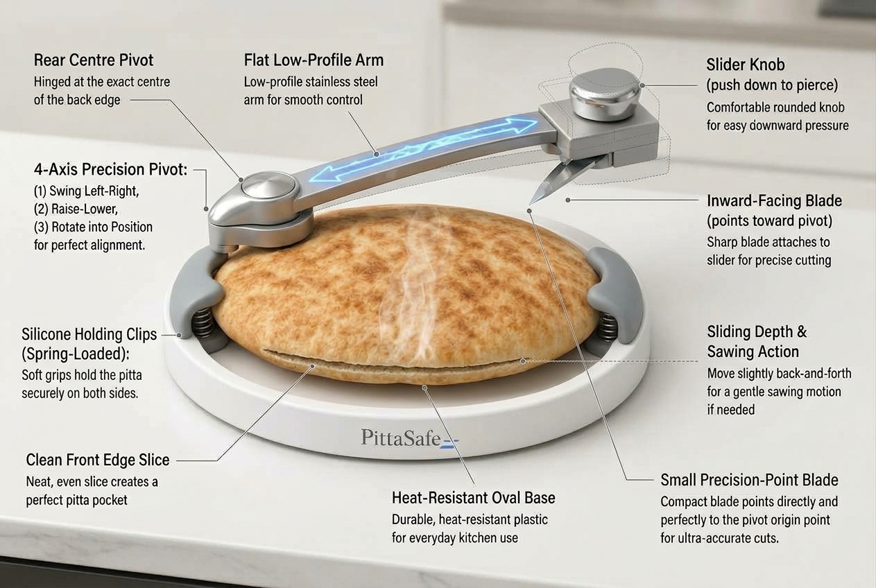 PITTASAFE annotated concept render — pitta secured on oval base with overhead tonearm cutting arm