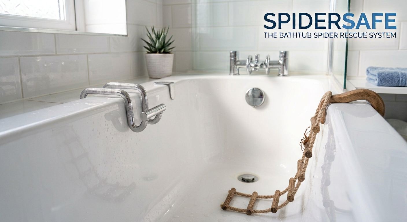 SPIDERSAFE concept render — rope ladder clipped over a bathtub rim, spider climbing to freedom