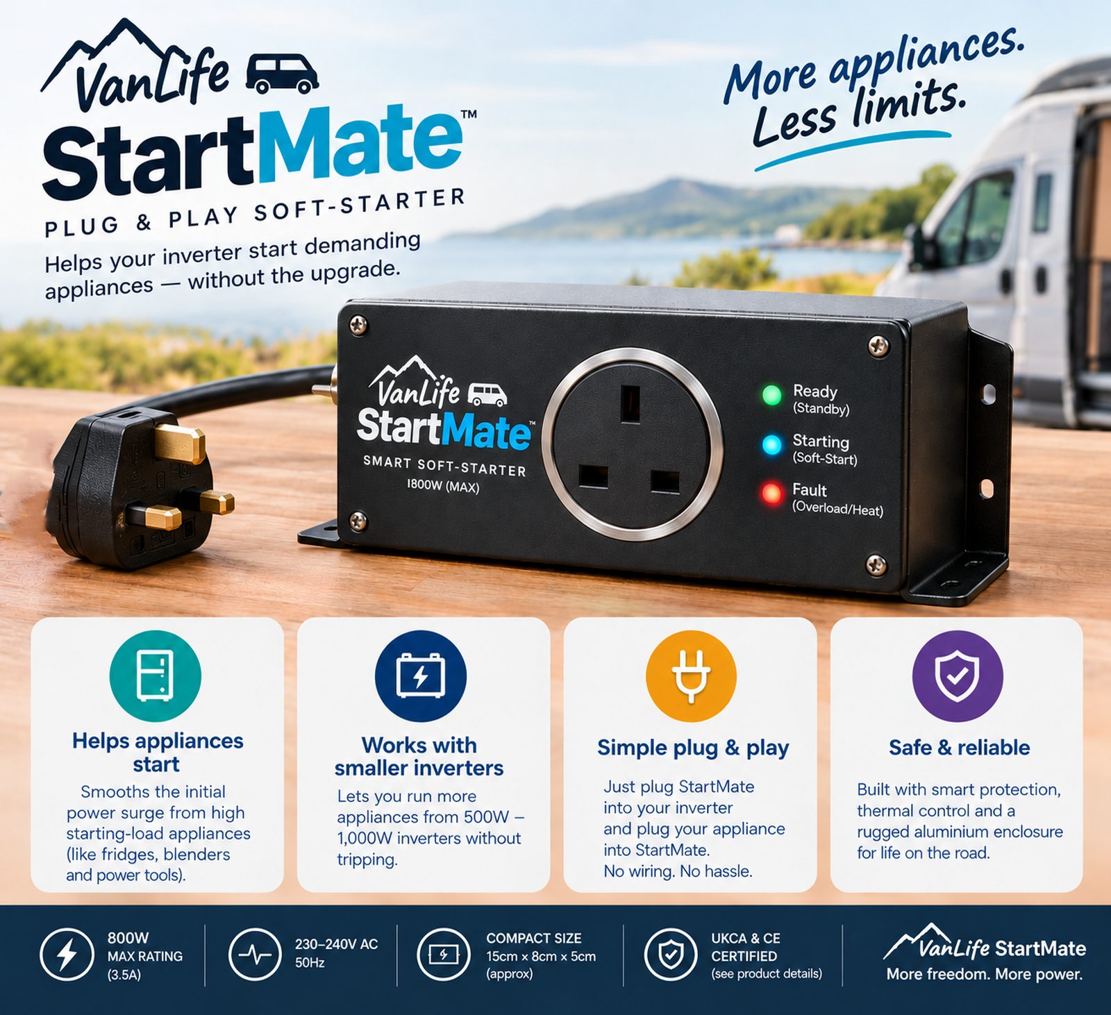VANLIFE STARTMATE concept render — black aluminium soft-starter unit with UK socket, tri-colour status LEDs and fused plug lead