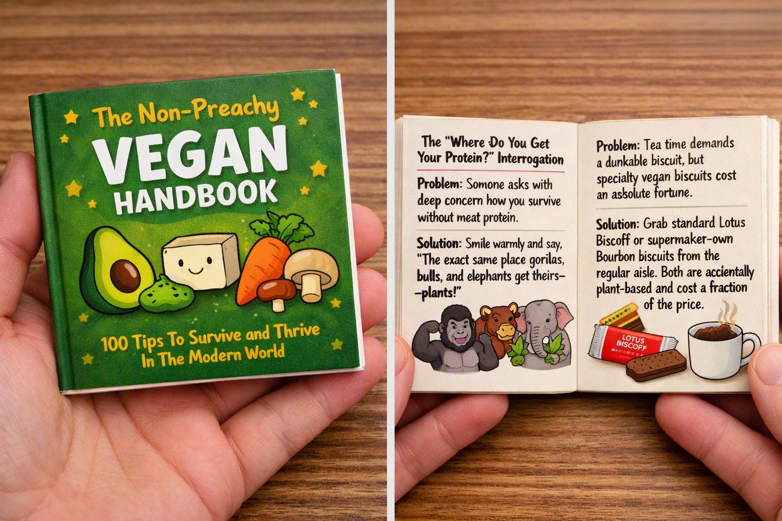 The Non-Preachy Vegan Handbook — pocket book cover and an interior spread of Problem/Solution tips